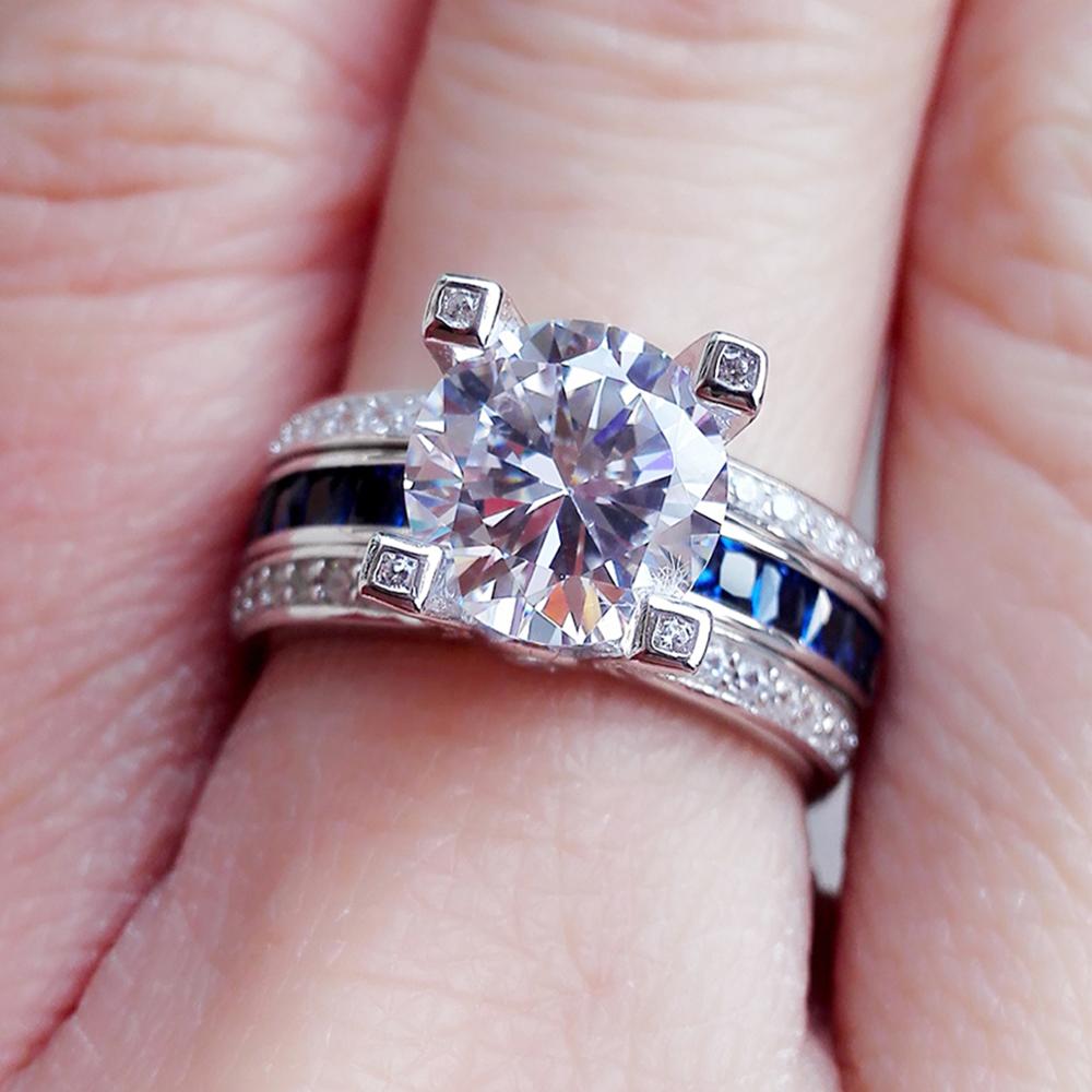 Conjuntos nupciales de plata de ley - 1,8 quilates BOLD corte redondo lados azules - 5A CZ
