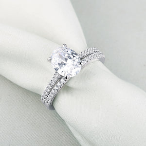 Juego de anillos de forma ovalada 2 piezas - Plata de ley 925 - 1.9Ct 5A CZ Banda recta